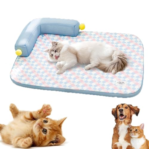 Kühlendes Katzenbett mit Kissen, atmungsaktive Sommermatte – L-förmiges Sofa-Design, Kühlmatte aus Eisseide für Katzen mit Kissen, für Haustiere für Perserkatzen, Siamkatzen,kleine Haustiere(Blue,Medi von wodjcks