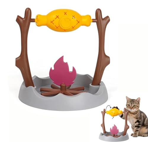 wodjcks Lagerfeuer-Katzenfutterautomat, Langsamer Futterautomat für Katzen am Lagerfeuer, Gegrillte Hähnchenschenkel 360° drehbares Leckspielzeug mit 3 Futterauslässen, für Interaktivität von wodjcks