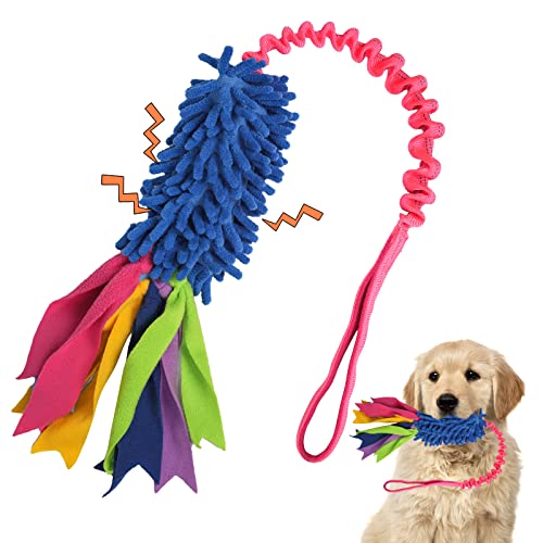 Hundespielzeug, Hundespielzeug für aggressive Kauer, Seilspielzeug mit starkem Quietschelement, leicht zu greifen, großes Kauspielzeug, handgefertigt (blaues Chenille, rotes Gurtband) von wodoca