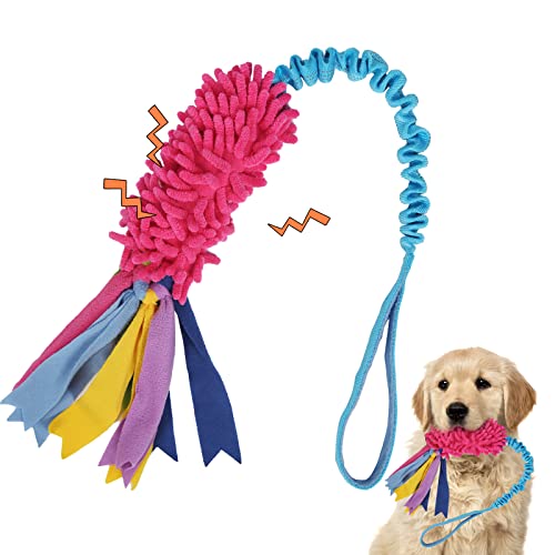 Hundespielzeug, Hundespielzeug für aggressive Kauer, Seilspielzeug mit starkem Quietschelement, leicht zu greifen, großes Kauspielzeug, handgefertigt (rotes Chenille, blaues Gurtband) von wodoca
