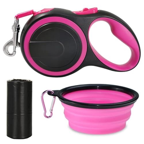 Teleskop-Zugvorrichtung für Hunde, rutschfester Griff, Zugseil für Haustiere, faltbare Schüssel und Müllbeutel, einfach zu sperren und zu bremsen, bequem und langlebig, 5 m (Pink) von worldly