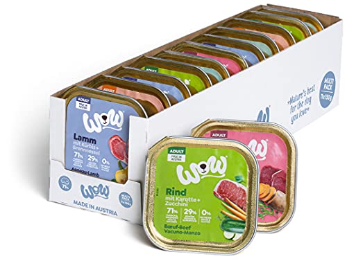 WOW Nassfutter Adult Multipack (je 2X Lachs, Pute, Wild, Lamm & 3X Rind 150g) Premium Hundefutter für ausgewachsene Hunde | reichhaltiges Futter mit viel frischem Fleisch für alle Hunderassen von wow