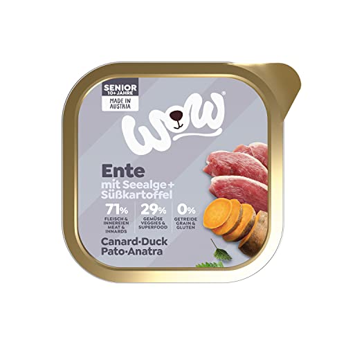 WOW Hundefutter nass Senioren mit Ente, 11x150g | reichhaltiges Nassfutter für ältere Hunde aller Rassen I beste Qualität mit viel Fleisch, Seealge & Süßkartoffel I getreidefrei & hohe Verträglichkeit von wow