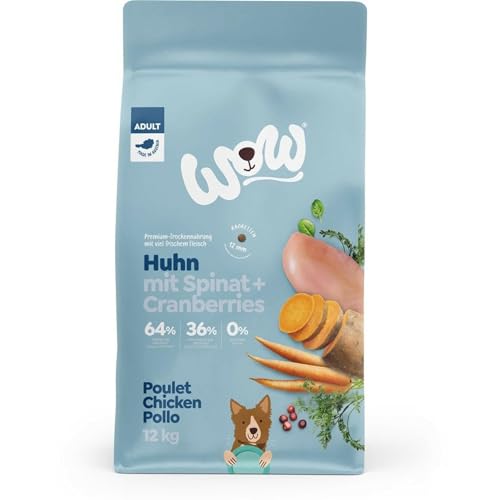 WOW Trockenfutter Adult mit Huhn, 12kg I Hundetrockenfutter für ausgewachsene Hunde Aller Rassen I Beste Qualität mit viel Fleisch und Spinat I getreidefrei & hohe Verträglichkeit von Wow