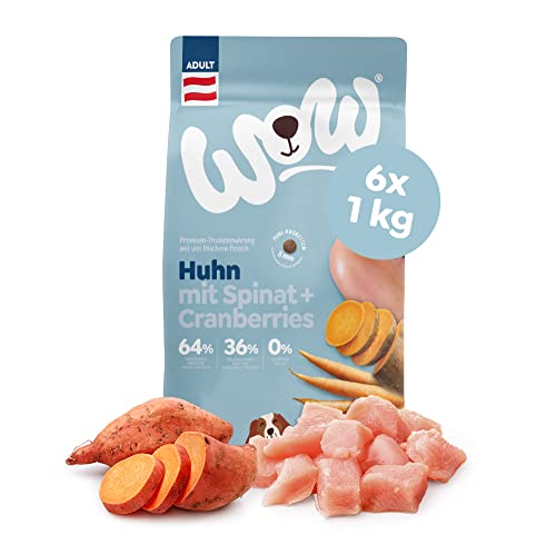 WOW Trockenfutter Adult mit Huhn, 6X 1kg Mini Kroketten I Hundetrockenfutter für ausge-wachsene Hunde Aller Rassen I Beste Qualität mit viel Fleisch & Spinat I getreidefrei & hohe Verträglichkeit von wow