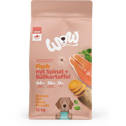 WOW Trockenfutter Adult mit Lachs, 12kg I Hundetrockenfutter für ausgewachsene Hunde Aller Rassen I Beste Qualität mit viel Fisch und Spinat I getreidefrei & hohe Verträglichkeit von inoin