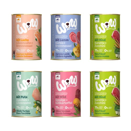 Wow Hundefutter nass Adult Mixpaket 6 Sorten x400g I reichhaltiges Nassfutter für ausgewachsene Hunde aller Rassen beste Qualität mit viel Fleisch & ohne Zucker getreidefrei hohe Verträglichkeit von wow