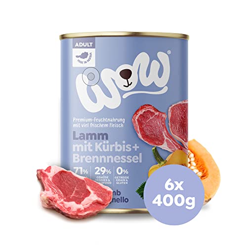 Wow Hundefutter nass Adult mit Lamm, 6X 400g I reichhaltiges Nassfutter für ausgewachsene Hunde Aller Rassen I Beste Qualität mit viel Fleisch, Kürbis & Brennnessel I hohe Akzeptanz & Verträglichkeit von wow