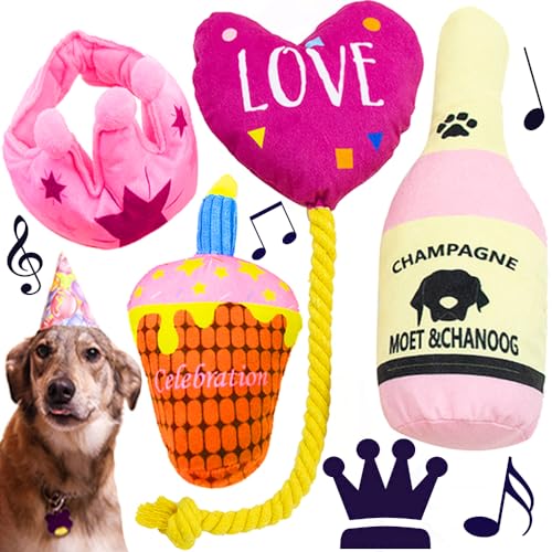 Partygeschenk Champagner, Krone, Ballon, Kuchen Hund Kauen Happy Birthday Interaktives Plüsch Haustier Spielzeug für alle Rassen von wowmolly