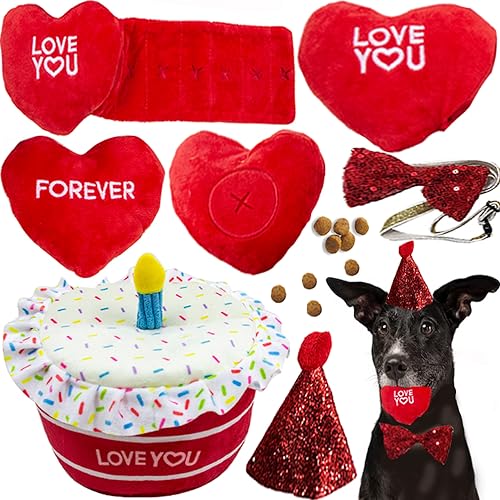 wowmolly Roter Samtkuchen + 4 Herzen (Forever Love), Hundefutter suchen und verstecken, rotes Halsband, Geburtstagsparty-Geschenk-Set, Hundespielzeug für alle Rassen von wowmolly