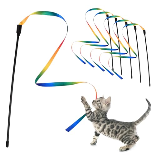 xianynow 5 Stück Katzenstab, Interaktiver Zauberstab, Cat Regenbogenspielzeug, Langes Interaktives Katzenspielzeug - Katzenangeln mit Regenbogenband (30 cm) von xianynow