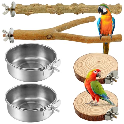 xianzhanEU 4 Stück Natur Sitzstangen Set für Vögel, Sitzstangen für Wellensittiche, mit 2 Futterschale Vögel, Vogelkäfig Zubehör, für Papageien Nymphensittich Kanarienvogel von xianzhanEU