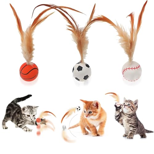 3 Stück Hüpfender Katzenball mit Feder, Katzen-Hüpfbälle Federn Katzenspielzeug, Silikon Spielzeug Bälle, Interaktives Katzenspielzeug Ball Kätzchen Spielen Sport Chase Training Spielzeugball von xinrongda