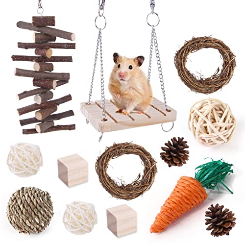 xixi-home Hamster-Spielzeug, 13 Stück, Hamster-Kauspielzeug für Zwerg, syrische Hamster, Langeweile, Brecher, natürliches Holz, Kleintier-Spielzeug, Zubehör-Set für Haustiere von xixi-home