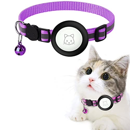 Lila Airtag Katzenhalsband,mit AirTag-Halter aus Silikon,Verstellbares Reflektierendes Halsband für die Nacht kompatibel mit Apple Airtag für Katze von xnyker