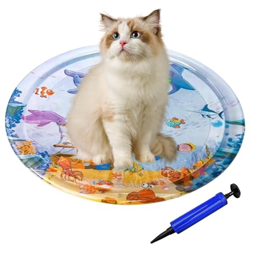 xowwyue Katzen Spielmatte Wasser Verdickte PVC Wassermatte Katze Mit Meeresmotiv, Runde Wasserspielmatte Mit Pumpe, Aufblasbare Wassersensor Spielmatte Für Katzen Hunde Kinder 65x65x3 cm von xowwyue