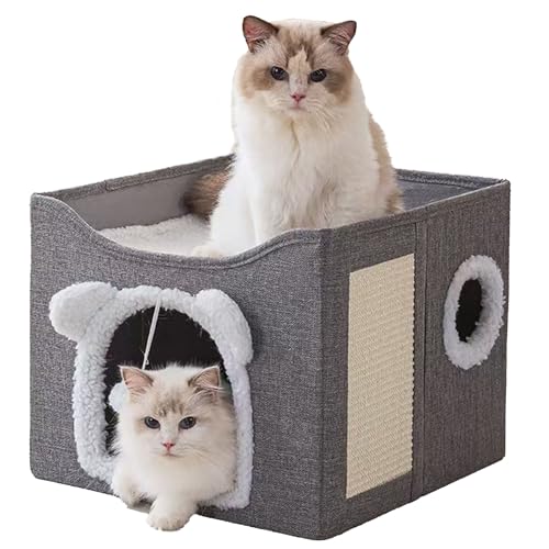 yannayeri Großes Katzenhaus für Hauskatzen, faltbares Versteck mit hängendem flauschigem Ball und Kratzunterlage mit waschbarem, abnehmbarem Bezug, 41,9 x 41,9 x 33 cm, Grau yannayeri Großes Katzenhaus für Hauskatzen, faltbares Versteck mit hängendem flauschigem Ball und Kratzunterlage mit waschbarem, abnehmbarem Bezug, 41,9 x 41,9 x 33 cm, Grau von yannayeri