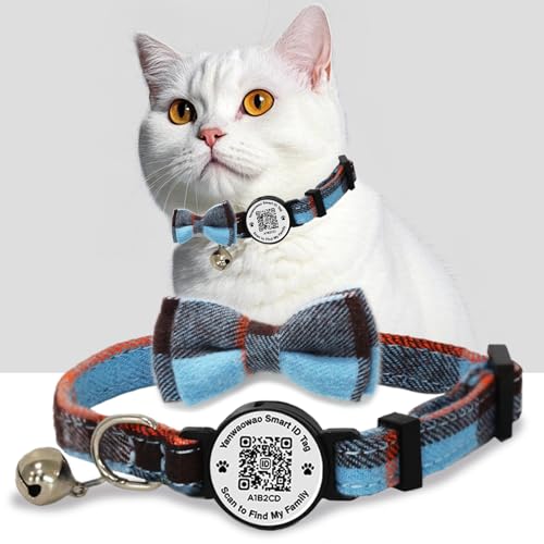 Yanwaowao Katzenhalsband mit Glöckchen, Kätzchen-Halsband, mit Fliege, QR-Code (blau) von yanwaowao