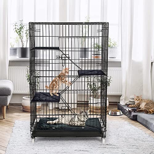 Großer Katzenkäfig mit 4 Ebenen-Zusammenklappbarer Katzenkäfig mit 360 rotierenden Rollen Rampe Leitern，Balkon Drinnen Draußen Metall Käfig für 1-3 Katze,90 x 55 x 125 cm von ybaymy