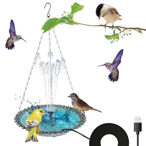 ycezw Großes Vogelbad – Vogelbad für den Garten, hängbarer Kolibri-Futterschüssel | Wasserwanne für Vögel mit USB-Aufladung mit Springbrunnenpumpe für den Garten von ycezw