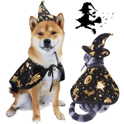 Festival Pet Hexenhut mit Glitzer-Aufdruck, verstellbarer Cartoon-Umhang – Halloween-Katzenumhang von yeeplant