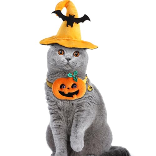 Festliches Kürbis-Katzenhalsband aus Plüsch und Vliesstoff, mit verstellbarem Halloween-Haustierhut und Metallglocken-Dekoration von yeeplant