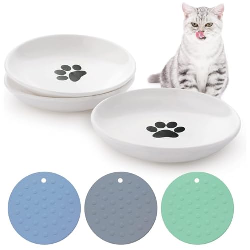 Keramikteller für Katzenfutter von Dorakitten: mit rutschfester Matte, Futternäpfe für Katzen reduzieren Schnurrhaar-Müdigkeit, Nassfutter flache Schalen für Kätzchen und Kleintiere von yeeplant