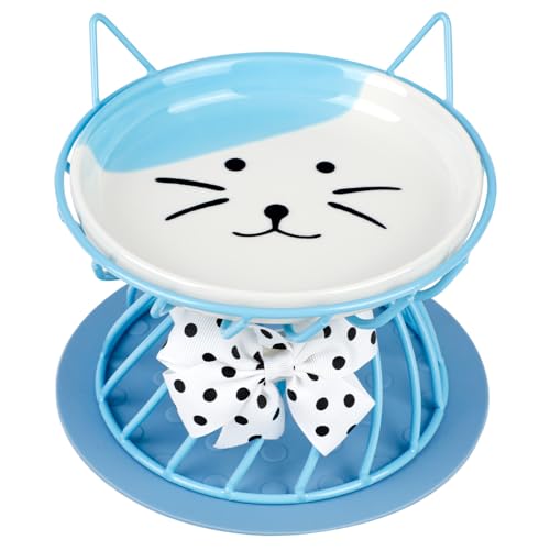 Napfunterlage und erhöhter Keramik-Katzennapf: Kätzchen füttert Welpenfutter mit runder Schüssel von yeeplant