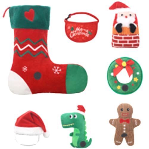Niedliches Weihnachts-Hundespielzeug- und Zubehör-Set mit Halstuch, Weihnachtsmütze und Kauspielzeug für festlichen Spaß, 7-teilig von yeeplant