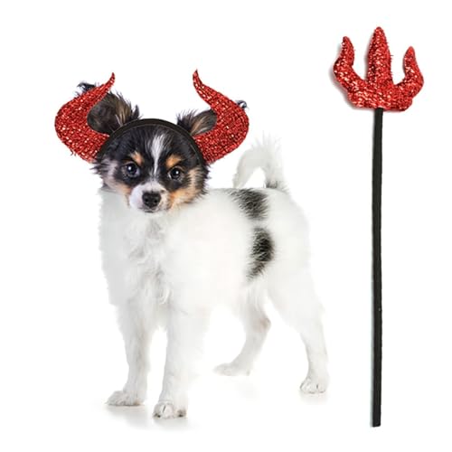 Teufel Cosplay Hund Stirnband mit Heugabel Halloween Verkleiden Haustier Kostüm von yeeplant