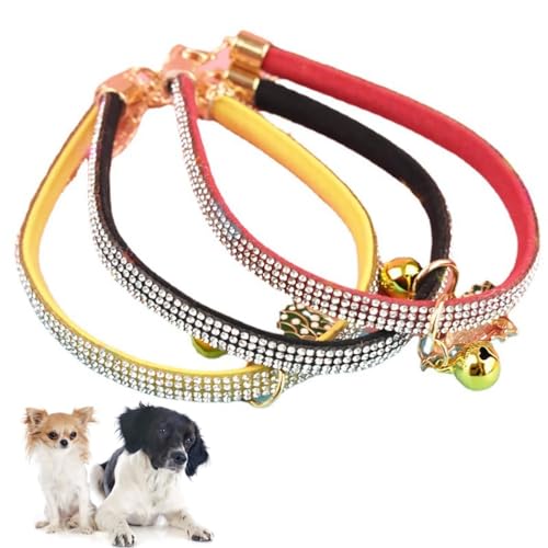 Verstellbares Hundehalsband mit Glöckchen aus Strasssteinen, für Kätzchen, Welpen, Katzen und Hunde, mit Haustier, 3 Stück von yeeplant