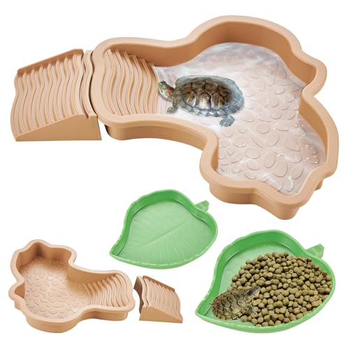 yokugo Wassernapf für Schildkröten mit Rampe, Reptilien-Wasserschale mit Blattschildkröte, Wassernapf für Schildkröte, Sonnenplattform, Schildkröten-Lebensraum, Badepool für Eidechse, Frosch von yokugo