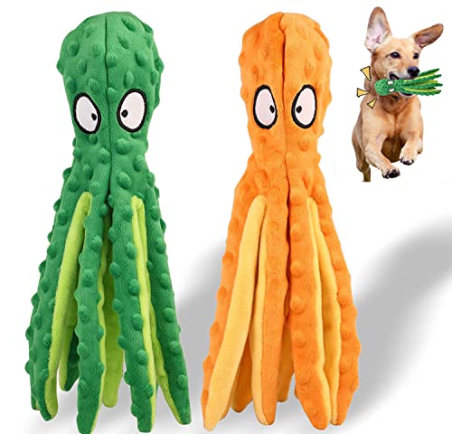 yongjoy Quietschendes Hundespielzeug, interaktives Plüsch-Kauspielzeug, Oktopus zum Verstecken und Zahnen von Welpen, perfekt für Welpen, kleine und mittelgroße Hunde, 2 Stück (Orange + Grün) von yongjoy