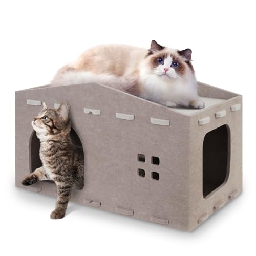yuyuepetzone Katzenhöhle Filz, Katzenhaus Indoor Drinnen 2 Etagen Katzenbett Katzenhöhle Abnehmbares Katzentonne Versteck Schlafen, Spielen Verstecken für 2 Katzen bis 10 kg 52 x 32 x 29cm, Beige von yuyuepetzone