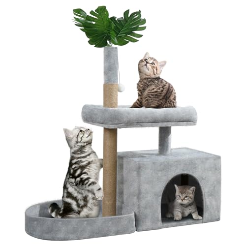 78,7 cm großer Kratzbaum für kleine, mittelgroße Indoor-Katzen mit Sisal-Kratzbaum, gemütliches Plüsch-Katzenhaus mit Hängeball und Blattform-Design, Eck-Katzenständer, Katzenkletterturm für Kätzchen von yuyuesmart