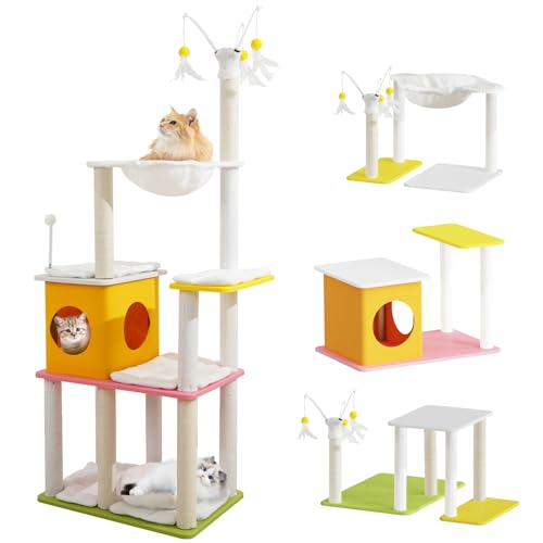 Kratzbaum Turm, 158.0 cm Hochdichter PP-Katzenbaum Stabil Flexibel Mehrstufige Katzenhaus mit Plüschkissen, Hängematte, Filzhaus, Sisalüberzogene Kratzbäume, Hängende Katzen-Teaser für Indoor-Katzen von yuyuesmart