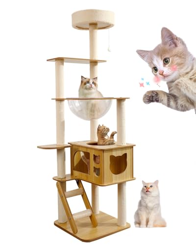 Yueyuesmart Moderner Katzenbaum Turm, 145,8 cm hoch, Holz, mehrstöckig, Katzenhöhlen, Katzenbaum mit transparenter Raumkapsel, obere Sitzstange, 10 Kratzstämme, Leiter für kleine, mittelgroße und von yuyuesmart
