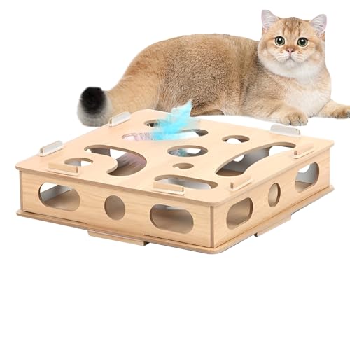 Interactive Cat Toy Box - Holzpuzzlespiel Mit Kratzern Und Versteckten Leckereien | Einbindete Kätzchenspiel-Labyrinth, Brain-Boosting-Haustier-Aktivitätsspielzeug, Lustige Jagd- Und Catch-Mäusespiele von yztju