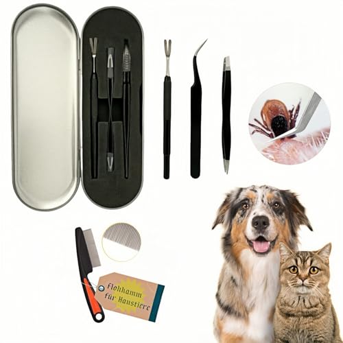 Zeckenzange Set 4 teilig aus Edelstahl, zeckenzange für Hunde & Katzen, Zeckenentferner Mensch, Zeckenpinzette, Zeckenhaken mit Flohkamm, Metallbox, chemiefrei Tick Remover für Outdoor von zeostmont