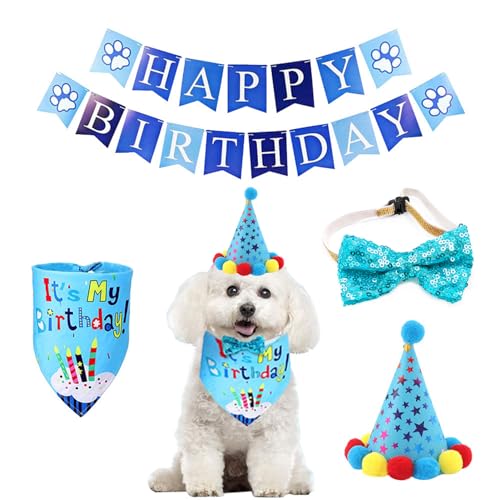 Hund Geburtstag Bandana Schal und Hund Mädchen Junge Geburtstag Party Hut, 4-teiliges Set Hund Geburtstag Party Supplies, Hund Happy Birthday Banner von zhbotaolang