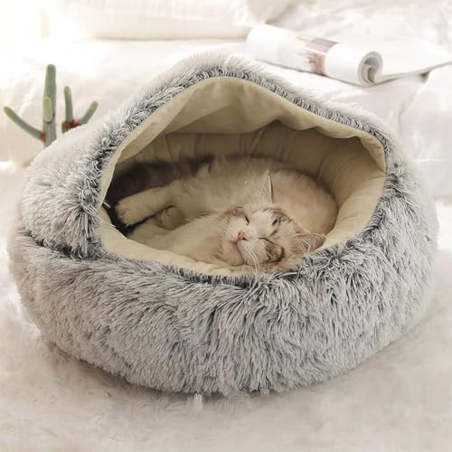 Flauschiges Katzenbett, rund, weiches Plüsch, Höhle mit Kapuze, Katzenbett, für den Winter, warm, Schlafkissen, rutschfest, maschinenwaschbar, für Katzen und Welpen,Grau,50 cm Flauschiges Katzenbett, rund, weiches Plüsch, Höhle mit Kapuze, Katzenbett, für den Winter, warm, Schlafkissen, rutschfest, maschinenwaschbar, für Katzen und Welpen,Grau,50 cm von zingking