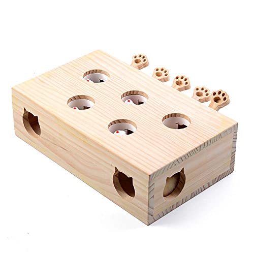 zingking Interaktives Katzenspielzeug, Holz, Spielzeug, Maulwurf Maus, Puzzle Box mit süßen Cartoon Spielzeugen für Katzen, Jagd, Spielen, Trainieren, Kratzen – 5 Löcher,A von zingking