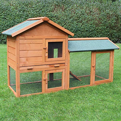 Kaninchenstall Klopfer - mit Ruheraum und Stabiler Kunststoffschublade - Hasenstall Hasenhaus Kleintierstall ca.146.00 x 52.00 x 86.00 cm für draußen 2-stöckig mit Freilauf von zoo-xxl