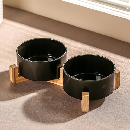 Ceramic Dog Bowl Elevated Set, Elevated Dog Bowls with Stand for Food & Water, Ceramic Dogs Bowls Elevateds for Small Medium Dogs and Home Décor 980 ML (Black,S) von zoocco