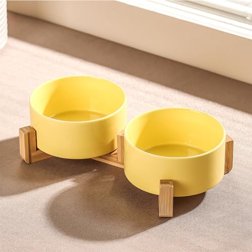 Ceramic Dog Bowl Elevated Set, Elevated Dog Bowls with Stand for Food & Water, Ceramic Dogs Bowls Elevateds for Small Medium Dogs and Home Décor 980 ML (Cream Yellow,S) von zoocco