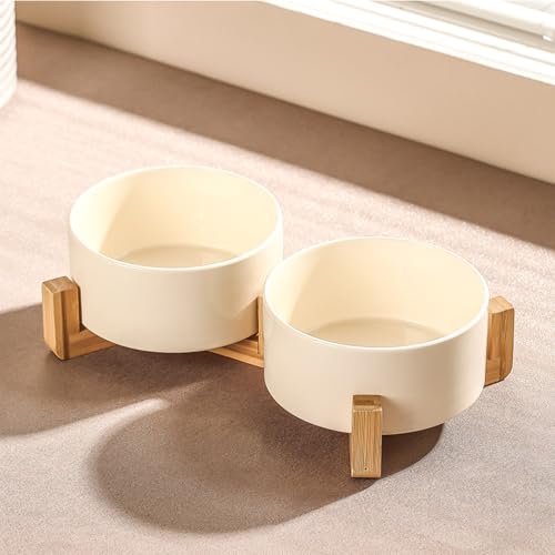 Ceramic Dog Bowl Elevated Set, Elevated Dog Bowls with Stand for Food & Water, Ceramic Dogs Bowls Elevateds for Small Medium Dogs and Home Décor 980 ML (Off-White,L) von zoocco