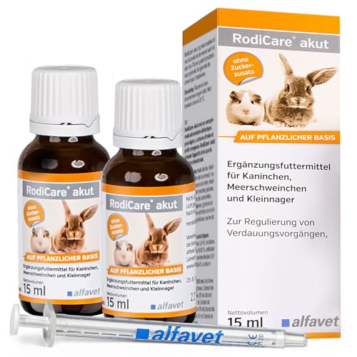 Alfavet, RodiCare akut Doppelpack, Ergänzungsfuttermittel zur Regulierung von Verdauungsvorgängen für Kaninchen, Meerschweinchen und Kleinnager,2 x 15ml Glasflasche mit Dosierspritze von Alfavet