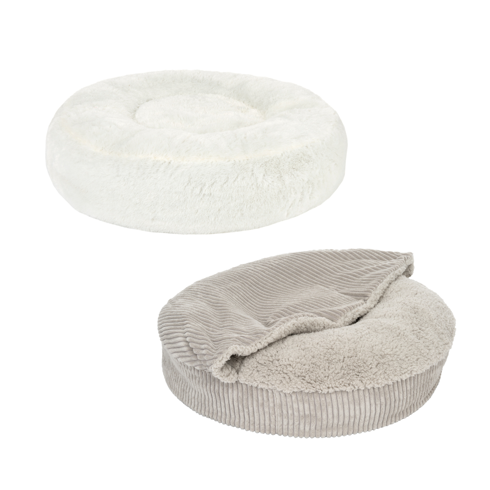 Kombi-Paket: Hundebett Flocke + passende Ersatzbezüge - Bett Ø 125 x H 25 cm + Ersatzbezug Ø 125 cm, hellgrau (mit Kuscheldecke) von zooplus Exclusive