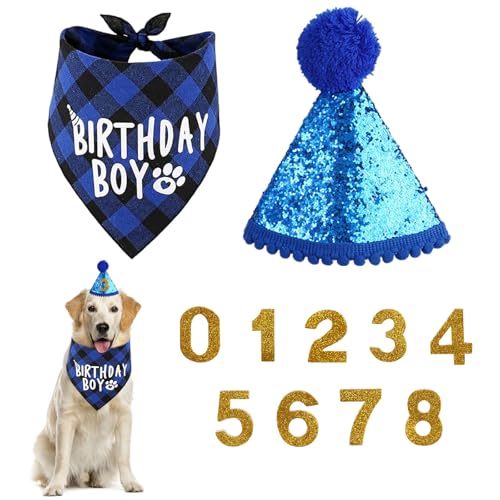 Hund Geburtstag Bandana Set mit 8 BlingNummern, Welpe Geburtstag Hut Schal, Blaue Haustier Geburtstagshut, Wiederverwendbar Krone Partymütze Haustier-Outfits, für Kleine, Mittelgroße Hunde, Katzen Hund Geburtstag Bandana Set mit 8 BlingNummern, Welpe Geburtstag Hut Schal, Blaue Haustier Geburtstagshut, Wiederverwendbar Krone Partymütze Haustier-Outfits, für Kleine, Mittelgroße Hunde, Katzen von zorvixal