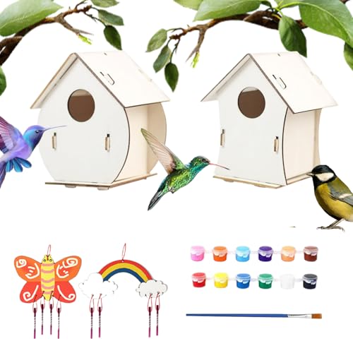 Bird House, Vogelhaus-Kit, Versammlungshandwerk, pädagogisches Outdoor-Spielzeug, 2 Sets Wood Birdhouse enthält Farben und Pinsel für Kinder im Alter von 4 bis 8 Arts & Crafts Project Lernak von zwxqe